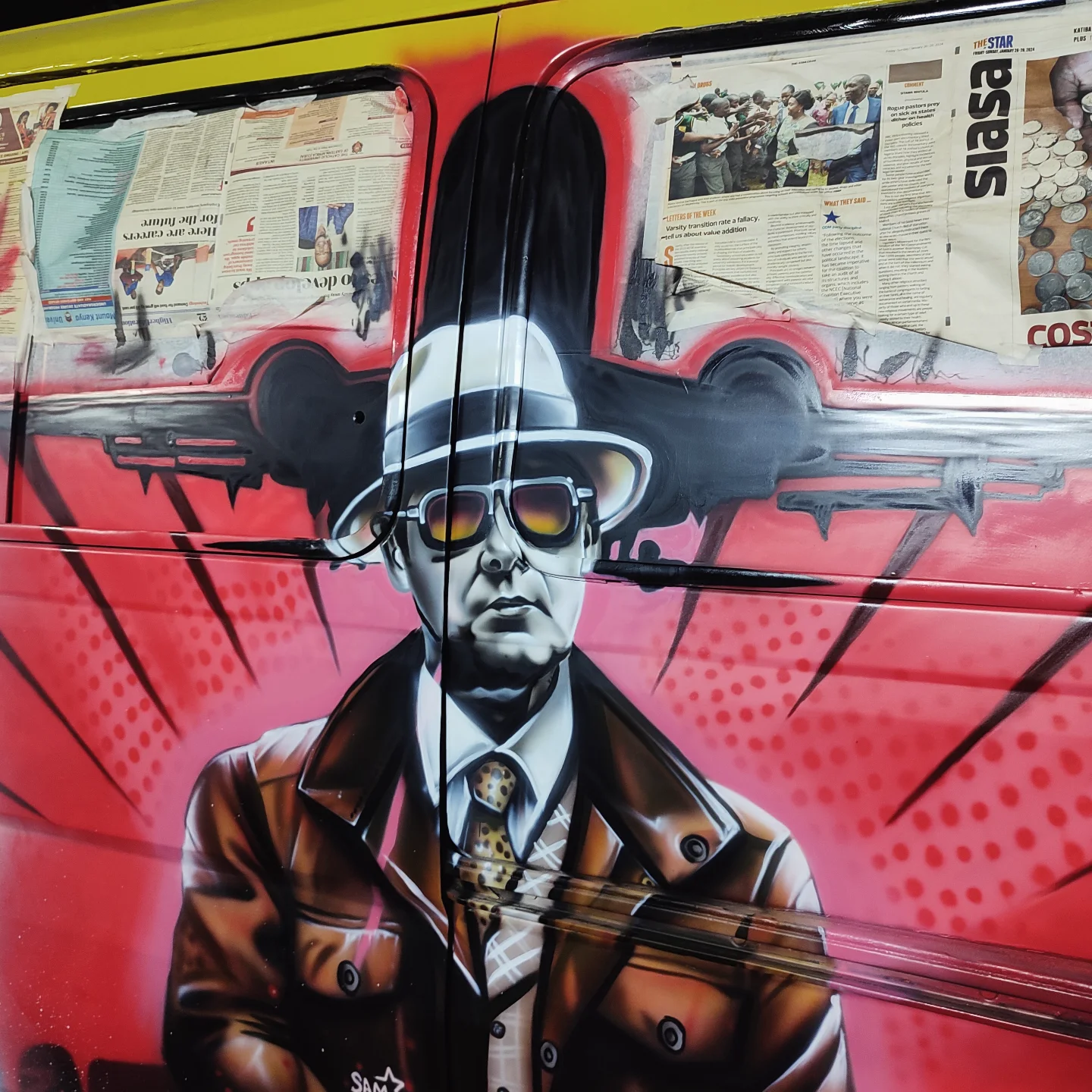 Close-up of Setik airbrushed noir character on a matatu